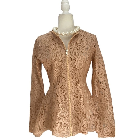 Josie Natori Lacquer Nude Lace Top NWT Zip front Semi Sheer Peplum - Picture 2 of 13